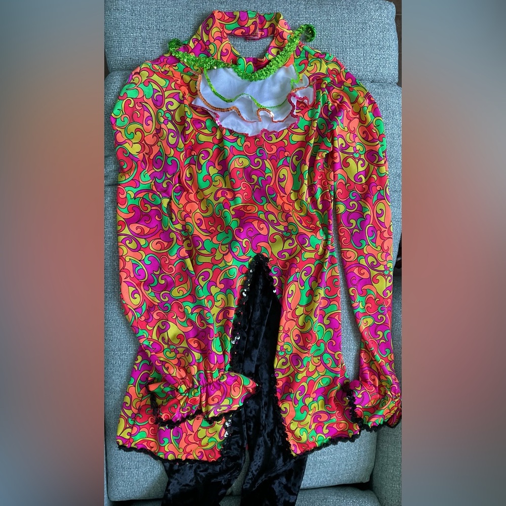 Groovy Ice Skating Costume Adult Medium NWOT Neon Swirls Sequins Cap Velour